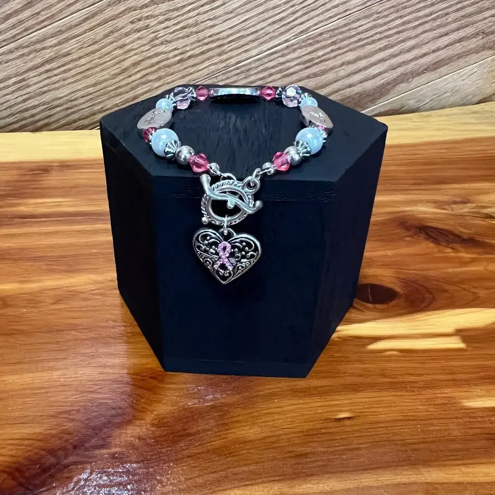 Breast Cancer Pink‎ Ribbon Silver Tone Beaded Bracelet Strength Courage Hope
